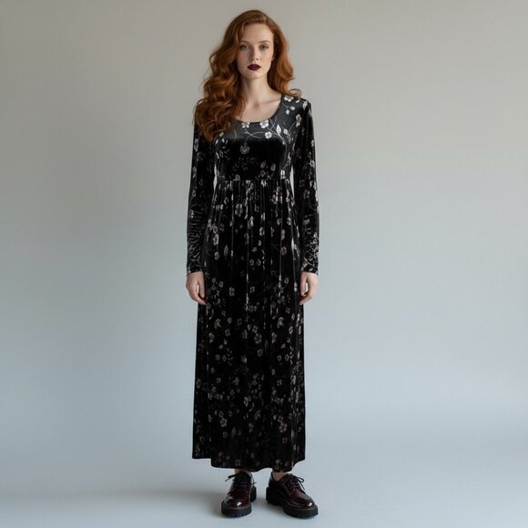 Vintage 90s Whimsigoth Velvet Maxi Dress Sz M Black Floral Witchy Goth Boho - Picture 13 of 13